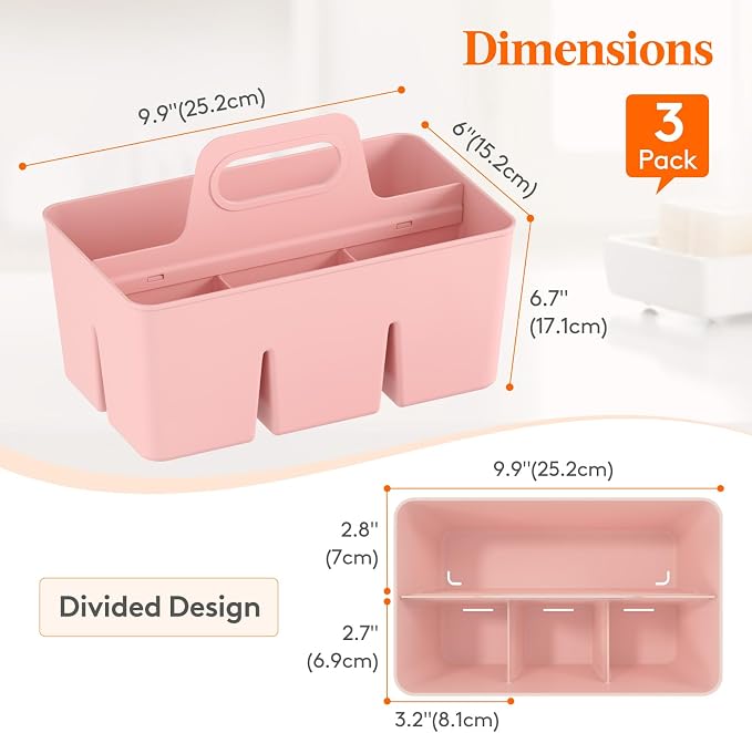 Lifewit 3-Pack Plastic Divided Caddy Organizer with Handle, Portable Art Supply Storage Organizer for Craft Supplies, Cosmetics, Holds Pencil, Crayon, Brushes, Hair Product, Dorm Shower Caddy, Pink