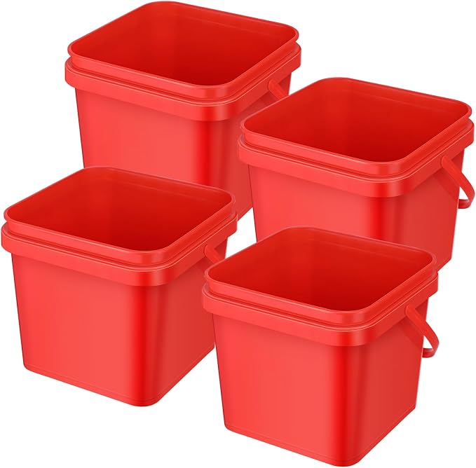Jingmore 4 Pcs Plastic Bucket 5 Quart Square Bucket Utility Small Pail with Handle Sturdy Pail Organizer for House Cleaning Storage Livestock Feeding Car Washing Food Storage, No Lids(Red)