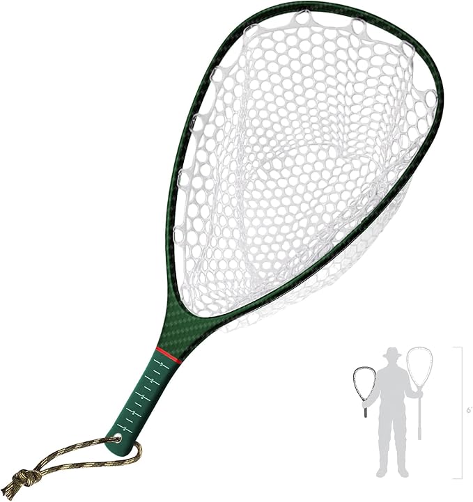 Riverruns Fly Fishing Landing Net Carbon Fiber Trout Net with Measurement Handle, Soft Rubber Mesh - 26" Standard (Wading) / 37" Long (Kayak)