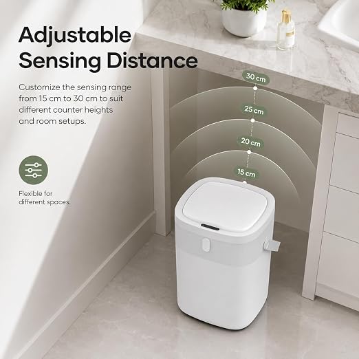 WM-DZT-12-36S Smart Motion Sensor Trash Can, Ultra-Quiet Soft-Close | Long Battery Life | Built-in Bag Storage & Portable PU Handle (White)