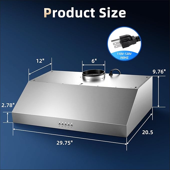 Tiesay 30 Inch Under Cabinet Range Hood 900 CFM with Ductless Convertible Duct Kitchen Hoods, 3-Speed Adjustable, Dishwasher Safe Baffle Filters, LED Lights, Stainless Steel, Button Control