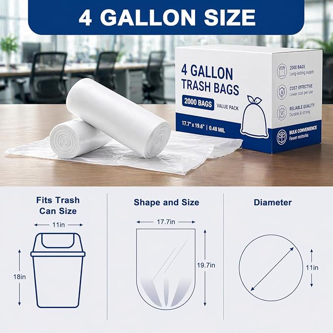 Delxo 4 Gallon Small Trash Bags, 2000 Count Bulk, 17.7 x 19.6" Clear Unscented Bathroom Trash Bags, 0.48 Mil Thick, Tear-Resistant Small Garbage Bags for Office, Commercial Use & Bathroom