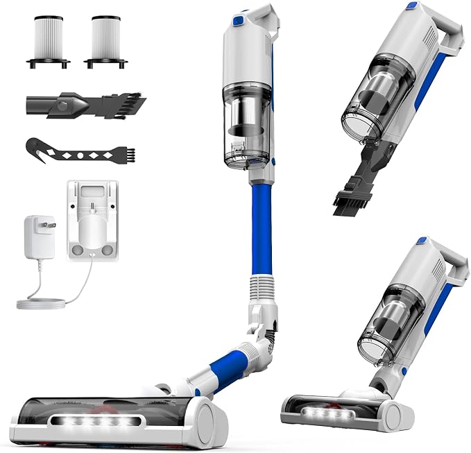Cordless Stick Vacuum Cleaner, Powerful Suction Anti-Tangle Brush Vacuum with LED Headlight, Lightweight Vacuum Cleaner for Hardwood Floor Carpet Pet Hair (Blue)