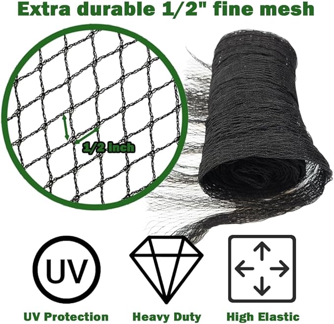 25x50ft Pond Netting for Leaves Leaf Net Cover Pond Net with Small Fine Mesh Protecting Koi Fish from Birds Cats Stakes Included