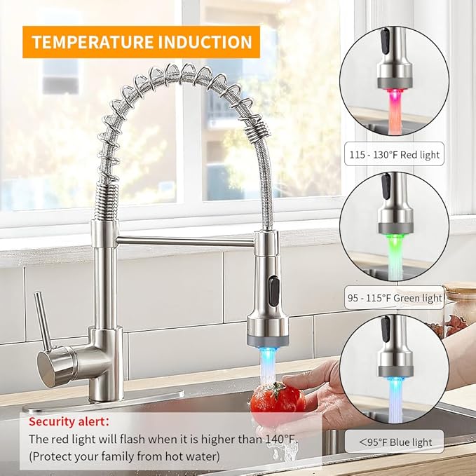 LED Light Kitchen Faucet with Pull Down Sprayer Sus304 Stainless Steel Industrial Single Handle Faucet for Farmhouse Camper Laundry Utility Rv Wet Bar Sinks Brushed Nickel 9003SN