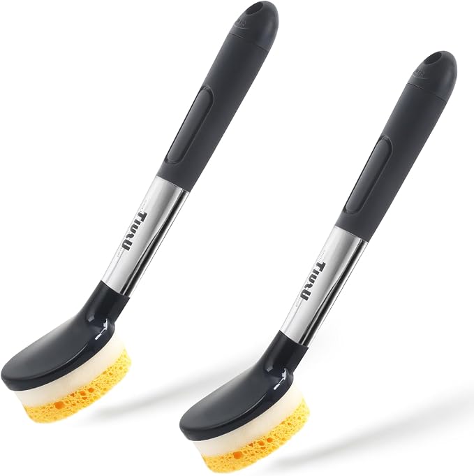 Soap Dispensing Sponge Brush, 2 Pack | Non-Scratch Dish Wand, Kitchen Cleaning, Heavy Duty Dishwashing Scrubber, For Grease & Grime