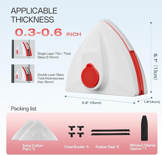 Magnetic Glass Cleaner Tools - Double sided Windows Glass Cleaner Wiper for (8-15mm) Single Layer Thick Glass with Water Storage Room Windshield Cleaner Tool for High-rise (Red)
