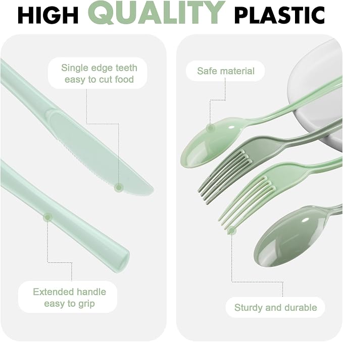Kochorie 300 Pieces Graduation Sage Green Plastic Silverware Heavy Duty Plastic Cutlery Set Heavyweight Disposable Flatware Includes Spoons Forks Knives for Birthday Party Prom Night Wedding Dinner