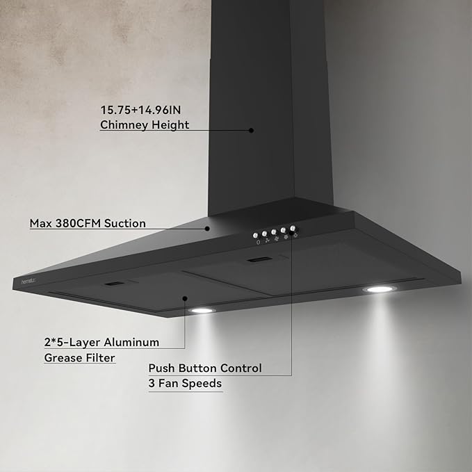 Hermitlux Range Hood 30 inch, Wall Mount Vent Hood for Kitchen with Charcoal Filter, Ducted/Ductless Convertible, Black