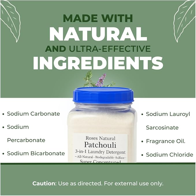 Patchouli 3-in-1 Laundry Detergent Powder, 32 oz, All-Natural Super Concentrated Powder, HE Compatible, Laundry Booster, Sulfate-Free, Made in the USA