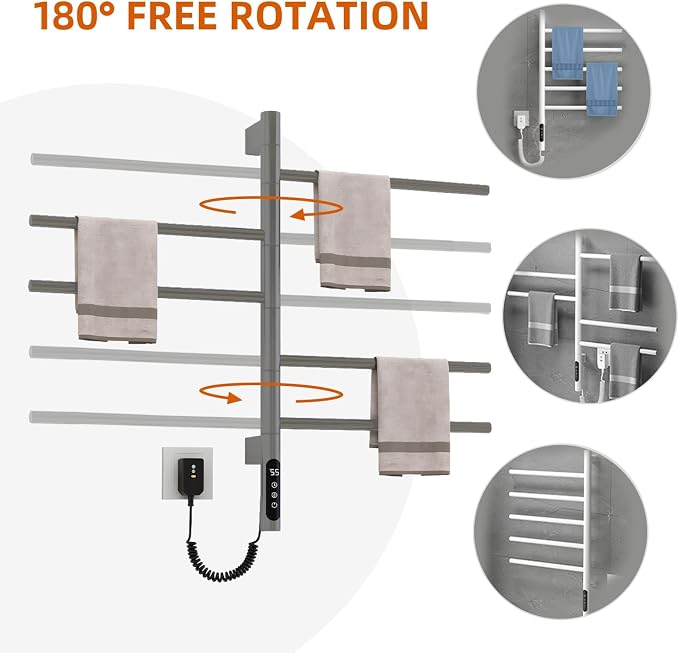 Rotatable Heated Towel Warmer,Plug-in/Hard-Wired Wall Mounted Electric Towel Warmer with Timer and Multi-Stage Temperature Regulation 2-3 Minutes to 131°F (Grey)
