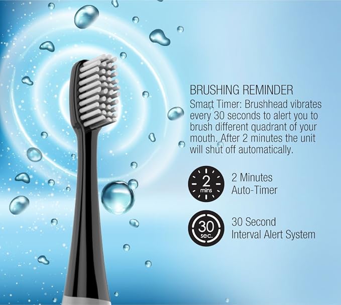 Pursonic S750 Sonic Toothbrush (Black) — Smart Series Electronic Power Rechargeable Battery Toothbrush for Adults — 12 Bonus Brush Heads