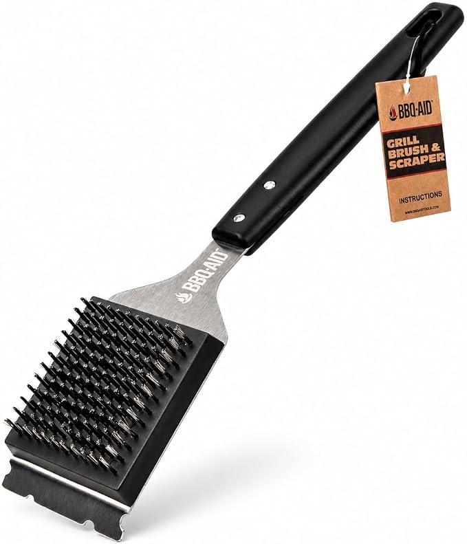 Wire Brush & Scraper for BBQ Grill Cleaning with Replaceable Head - Black | Heavy-duty stainless steel with a long acacia wood handle for better grip and a convenient replaceable head.