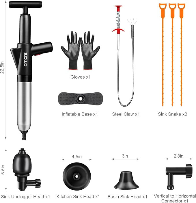 Toilet Plunger Drain Clog Remover: High Pressure Air Drainage Blaster Gun Clog Remover Tool with Gloves- Stainless Steel Black Air Plunger for Bathroom, Sink, Floor, Kitchen Clogged