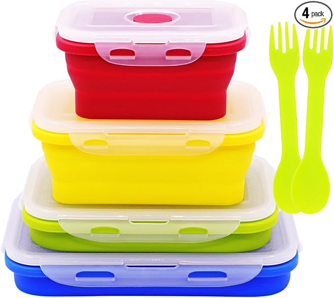 Set of 4 Collapsible Silicone Food Storage Containers With Lids,Leftover Meal Box For Kitchen, Microwave,Dishwasher and Freezer Safe, Foldable Bento Lunch Boxes, BPA Free