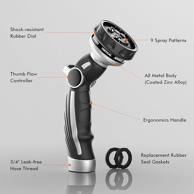 RESTMO Hose Nozzle with Easy Self-Lock Trigger, Heavy Duty Metal Water Hose Sprayer with 9 Spray Patterns and On/Off Valve, High Pressure | Thumb Flow Control, Ideal for Outdoor Lawn & Plant Watering