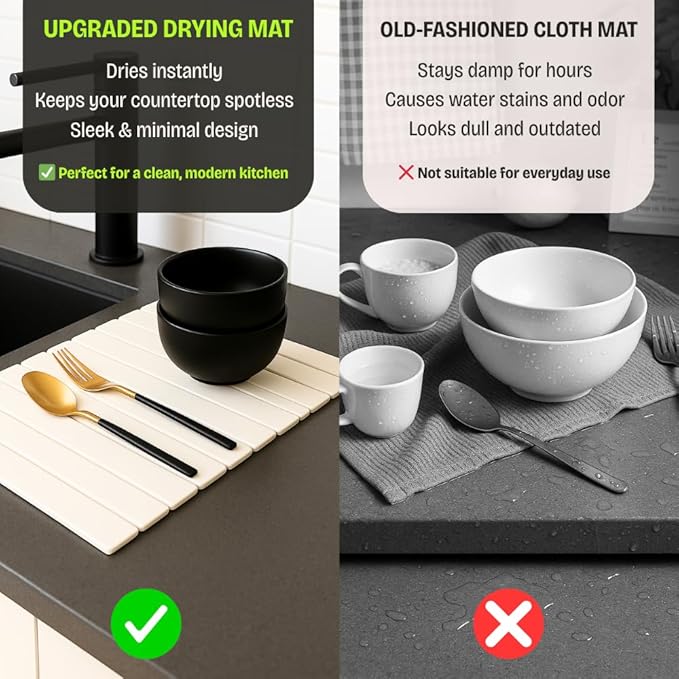 Stone Dish Drying Mat for Kitchen Counter, Large Quick Dry Diatomaceous Earth Stone Drying Mat, Foldable Water Absorbent Dish Drying Mat for Dishes, Cups, Bottles, Kitchen Sink & Countertop (White)