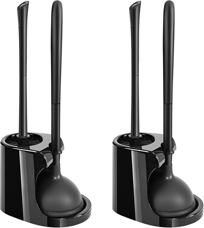 2Pack 2 in 1 Toilet Brush and Plunger Set, Bathroom Cleaning, Black | Extended Handle Plunger, Toilet Bowl Brush Plunger Set, Cleaning Tools, plunger and brush set,Stiff bristle toilet brush with