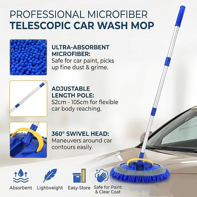 41" Car Wash Brush Kit Mitt Mop Sponge, Car Washing Mop with Scalable Long Handle, Chenille Microfiber Car Cleaning Brush Kit, Supplies Kit Car Care Kit of Scratch-Free for Car RV Truck Boat