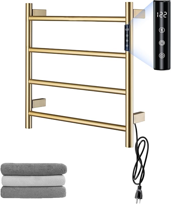 Heated Towel Rack, 4 Bar Wall Mounted Towel Warmer with Timer, Plug in/Hardwired Towel Dryer for Bathroom, Gold