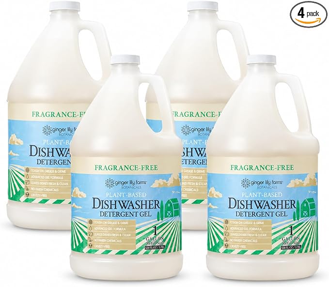 Ginger Lily Farms Plant-Based Dishwasher Detergent Gel, Fragrance-Free, 1 Gallon Refill (Pack of 4), Eco-Friendly, 100% Vegan & Cruelty-Free