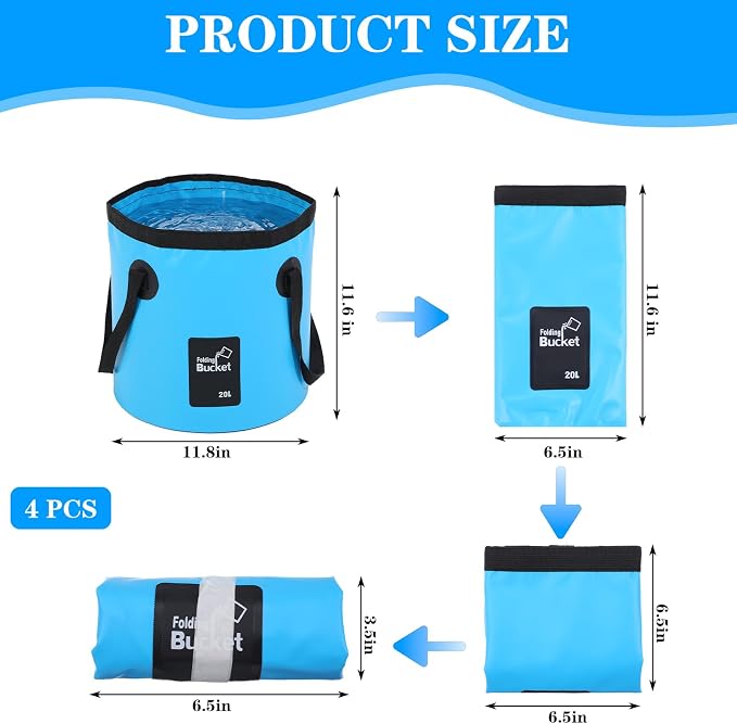 4 Pcs 5 Gallon Bucket Foldable Foldable Bucket with Handle 20L Outdoor Water Buckets Foldable for Camping Fishing Hiking to Hold Water Folding Container Carry Bag Lightweight