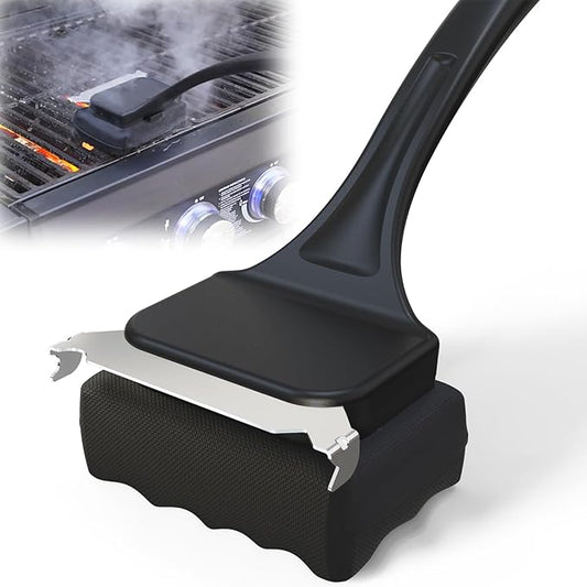 Grill Brush for Outdoor Grill, Steam Grill Cleaner Bristle Free with Scraper, Replaceable Cleaning Head & Heat-Resistant Handle, Grilling Gift for Dad, Men - Black