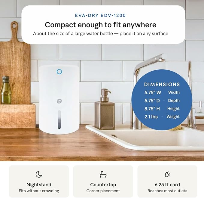 Eva-Dry EDV-1200 Mini Electric Dehumidifier – Up to 133 Sq Ft | Quiet Compact Peltier | Bathroom, Bedroom, Closet, RV & Small Spaces | Auto Shut-Off | 22.5W
