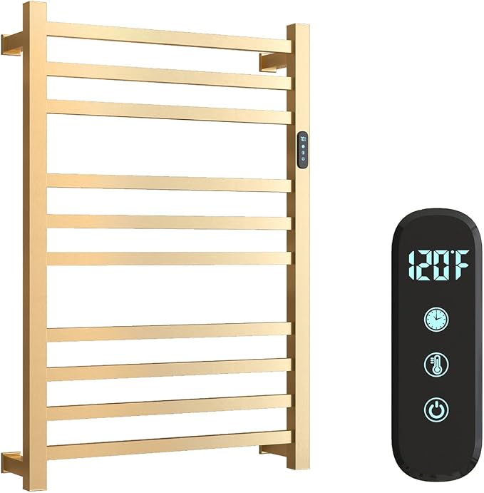 Luxury Heated Towel Rack for Bathroom, Wall Mounted Electric Towel Warmer Racks with Timer & Temperature Multi-Level Adjustable, 10 Bar Stainless Steel Towel Heater for Bathroom (Brushed Gold)