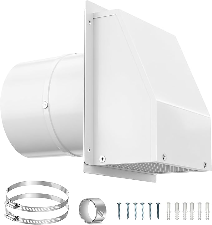 12 Inch Wall Vent Hood Exhaust Vent Cap Dryer Vent Cover with Screen and Damper, Galvanized Steel Outdoor Hooded Wall Vent for Dryer Bathroom Industrial Facilities Ventilation and Air Exhaust, White