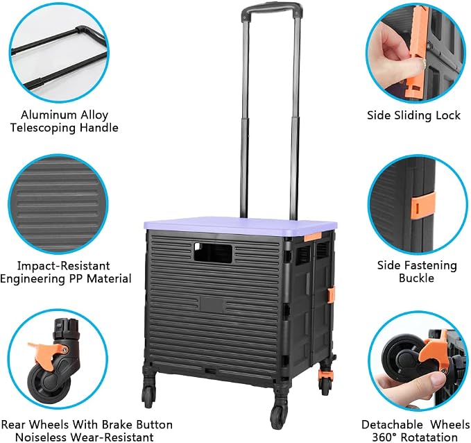 FELICON SELORSS Foldable Utility Cart Folding Portable Rolling Crate Handcart with Heavy Duty Telescoping Handle Collapsible 4 Rotate Wheels for Travel Shopping Move Luggage Office Use(Black+Purple)