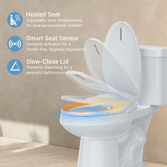 Smart Bidet Seat Elongated with Heated Functions and Gentle Wash Modes, Toilet Seat for Bathroom Comfort and Hygiene, Soft Close Design Easy Install PP Bidet Toilet Seat