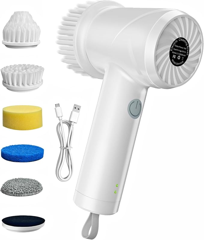 Electric Spin Scrubber - Cordless IPX7 Waterproof Shower Scrubber with 2 Speed Settings and 6 Replaceable Heads，Electric Cleaning Brush for Bathroom，Kitchen and Windows