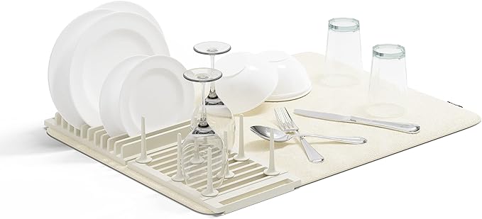 Umbra Udry Dish Rack with Movable Pegs and Microfiber Drying Mat – Space-Saving Design Folds Up for Easy Storage, Basic Rack, Linen