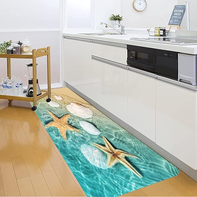 WODEJIA Bathroom Anti-Slip Foam Carpet,Durable Flannel Mat 3D Print Rug for Living Room, Absorbent Water Clearance MatS for Forlaundry Room and Kitchen, Beach Starfish Scallop Carpt 71x24 Inches