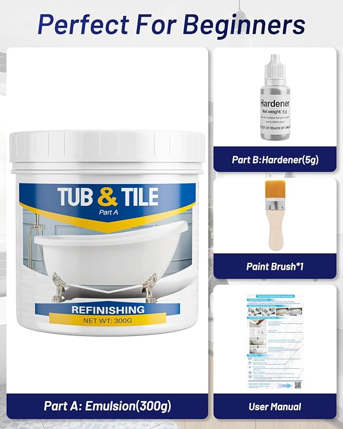Tile Paint, 10.6oz Tub and Tile Paint Refinishing Kit with Tools and Hardener, Easy to Use for Countertop Bathroom Bathtub Kitchen Sink, Semi-Gloss White, Low Odor，15-18sq.ft