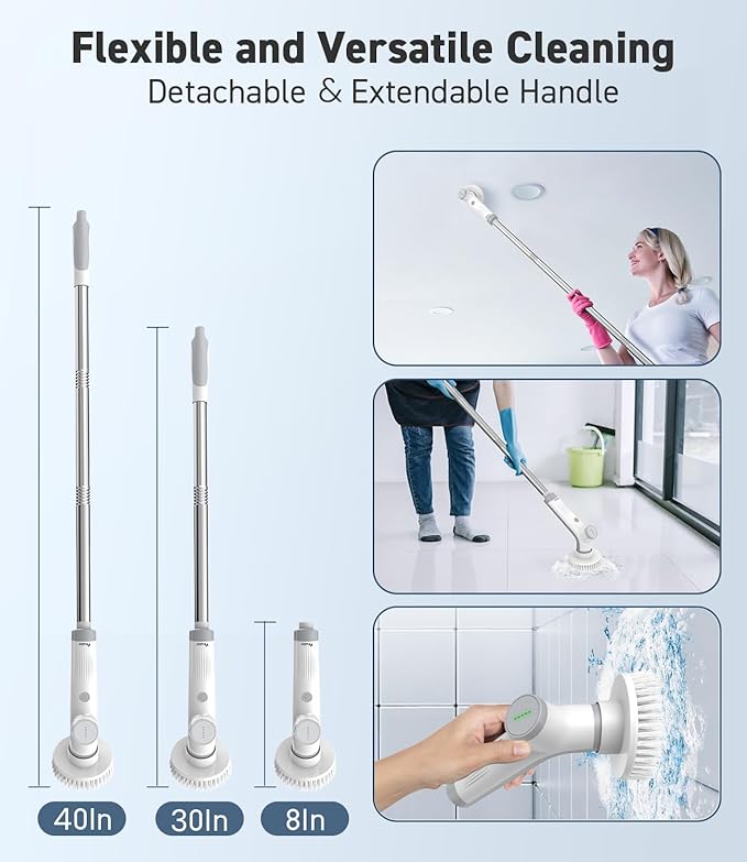 VEWIOR Electric Spin Scrubber with 3 Replacement Brushes, Cordless Shower Scrubber with Adjustable Handle and Power Dual Speed for Bathroom Tub Tile Grout