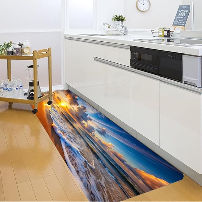 WODEJIA Non Slip Bath Rugs Sponge Foam for Bathroom,Flannel Mat Rug for Living Room, Absorbent Water Clearance MatS for Forlaundry Room and Kitchen, Sunset Beach Decor Welcome Mat 47x18 Inches