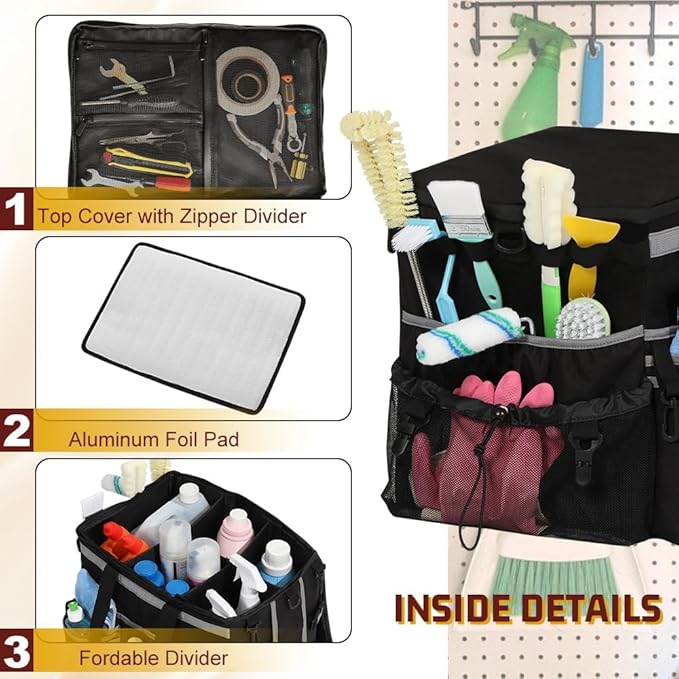Rolling Cleaning Caddy, Cleaning Supplies Organizer with Cleaning Caddy Apron, Large Cleaning Caddy Bag with Detachable Trolley, Handles and Shoulder Strap for Cleaners Housekeepers, Black