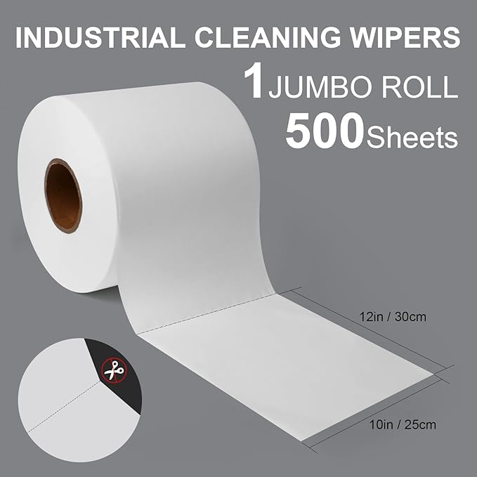 Jumbo Roll Industrial Cleaning Wipes, Super Absorbent Heavy Duty Cloths, White (1 Roll of 500 Sheets, 12"x 10" Each Sheet)
