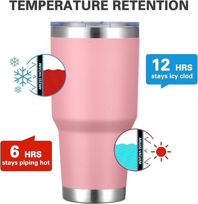 MEWAY 30oz Insulated Tumbler With Lids and Straws,Stainless Steel Double Vacuum Coffee Tumbler Cup, Brush, Durable Powder Coated Coffee Cup for Cold & Hot Drinks, Office, Travel(Pink,8 PACK)
