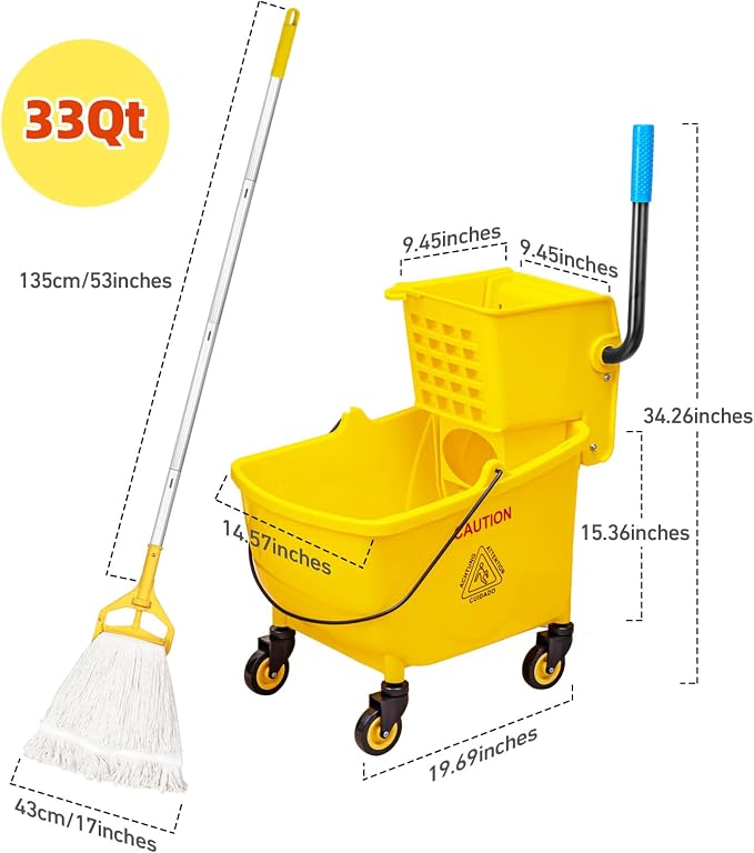 33 Qt Commercial Mop Bucket, with Side-Press Wringer on Wheels. Includes an Industrial Mop. Yellow Industrial Mop Bucket, Suitable for Home, Commercial, Restaurant Cleaning