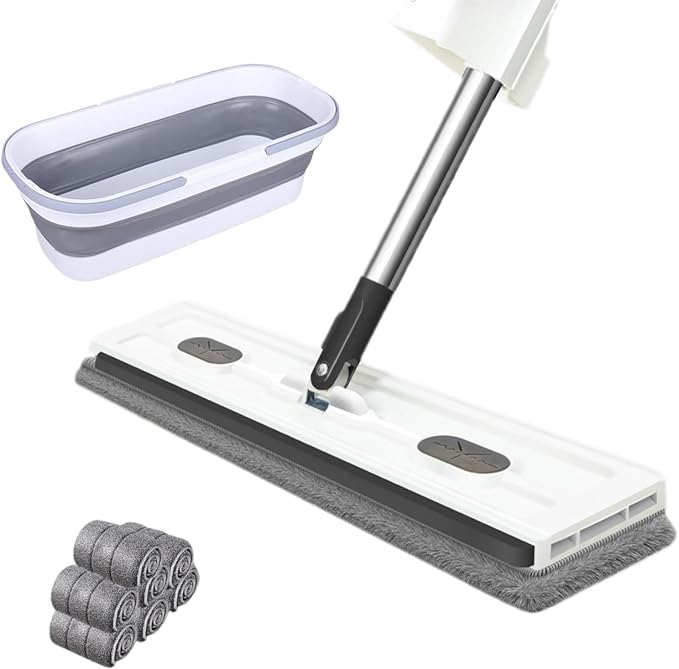 2025 New Large Flat Mop and Bucket Set, 360 Rotation Flat Mop with Self-Wringing Bucket, Includes 7 Reusable Microfiber Pads for Tile, Hardwood, Laminate Floors Wet and Dry (White)