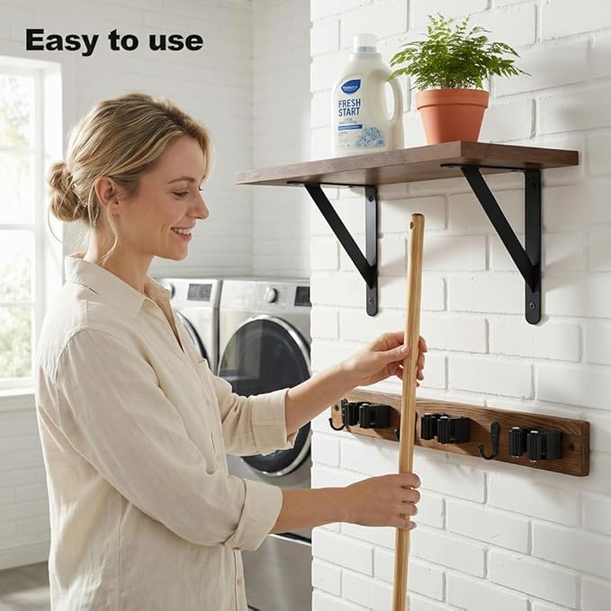 Wooden Broom Holder Wall Mount with Hooks and Shelf Mop Hangers Storage Rack with Cleaning Supplies Organizer Farmhouse Garage Laundry Room Wood Shelf (Brown, 1)