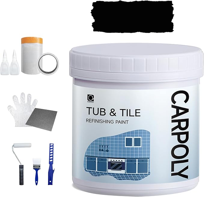 Tile Paint, 35oz Tub and Tile Refinishing Kit with Tools, DIY Bathtub Paint Kit for Bathroom, Water-based|Low Oder, Easy to Use for Kitchen, Porcelain, Floor, Semi-gloss Black, 50-60sq.ft