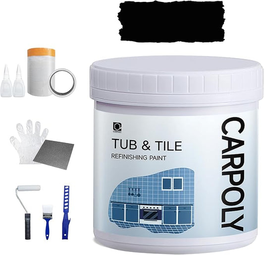 Tile Paint, 35oz Tub and Tile Refinishing Kit with Tools, DIY Bathtub Paint Kit for Bathroom, Water-based|Low Oder, Easy to Use for Kitchen, Porcelain, Floor, Semi-gloss Black, 50-60sq.ft