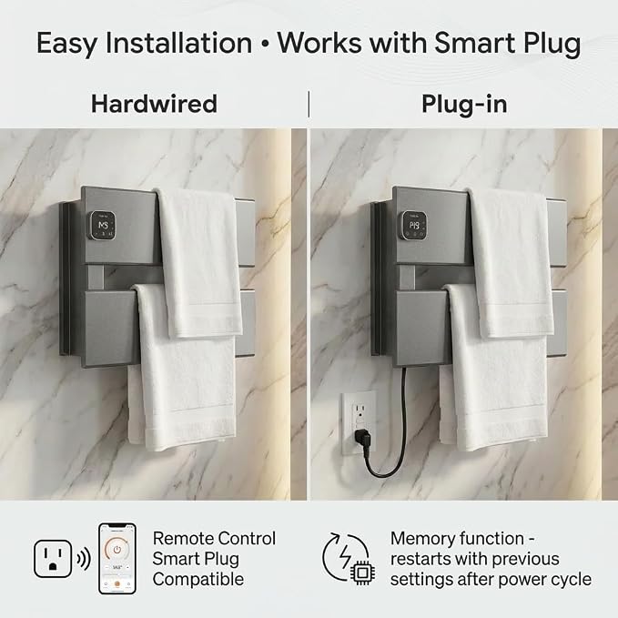 L Series Electric Towel Warmer for Bathroom, 2 Panel, Gun Gray | Thermo Control and Timer, Fast Heat in 3 Mins, Dry Towels in 4 hrs, Memory Function, Work with Smart Plug, Left-Wiring