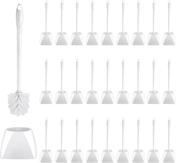 FoldTier 30 Sets Toilet Holder and Brush Set 16.14 Inch Toilet Bowl Cleaner Brush with Caddy Bathroom Scrub Plastic Scrubber with Long Handle for Bathroom Cleaning, Easy to Assemble (White)