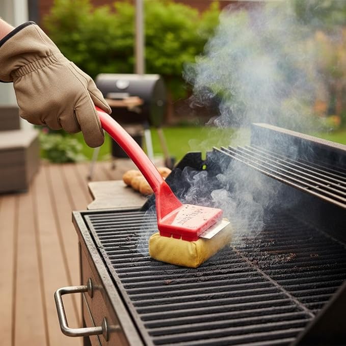 Bristle Free Grill Brush with Removable Cleaning Head, Seamless-Fit Scraper Tool for Cast Iron & Stainless Steel Grates, Safe BBQ Cleaner - Red
