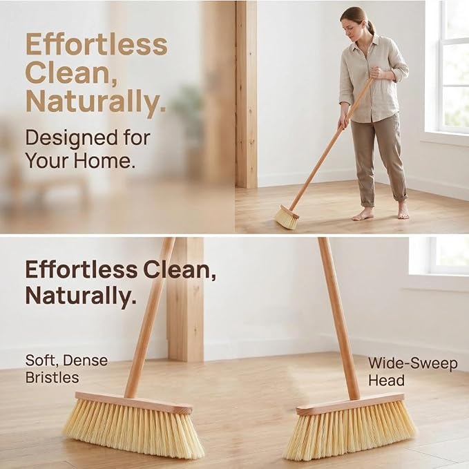 Wood Handle Household Broom - Heavy Duty PET Bristles for Pet Hair & Dust